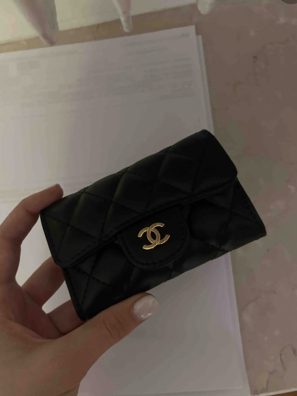 CHANEL Black Quilted Leather Mini Wallet with Gold CC Hardware
